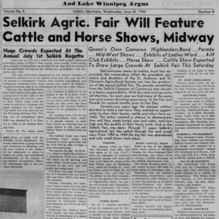 Selkirk Agricultural Fair Will Feature Cattle and Horse Shows, Midway, June 1955, Selkirk Enterprise Newspaper article titled Selkirk agriculture fair will feature cattle and horse shows