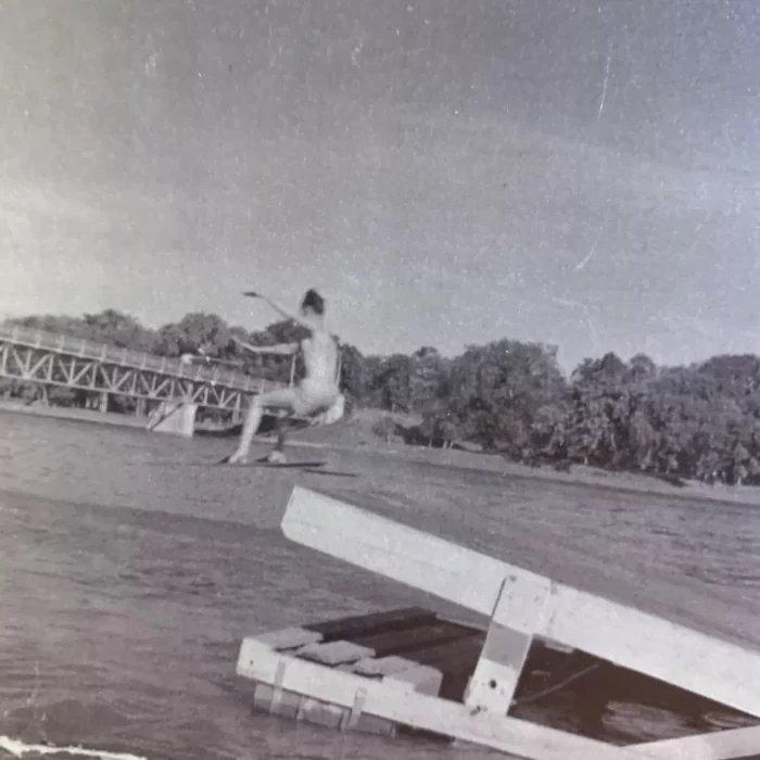 Selkirk Fair and Regatta Water Ski Jump, Date Unknown, Joen Hadfield Woman taking a jump on water skii's at the Selkirk fair
