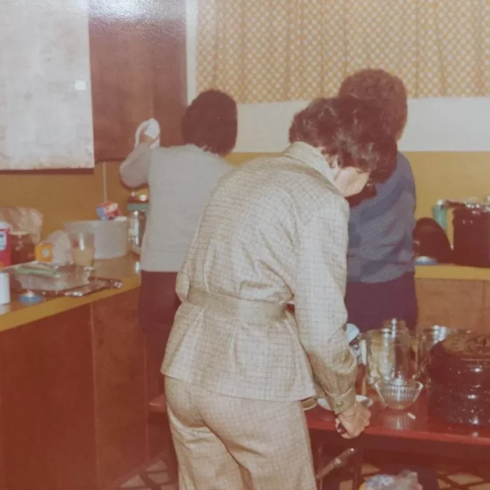 Selkirk Friendship Centre Before the Addition, Pre-1987, Selkirk Friendship Centre Booklet '25 Years of Bringing People Together' Women in the Selkirk Friendship Centre kitchenette