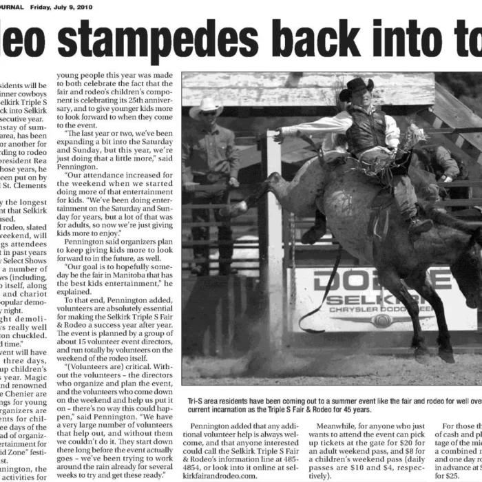 Rodeo Stampedes Back into Town, 2010, Selkirk Journal Newspaper article titled rodeo stampedes back into town