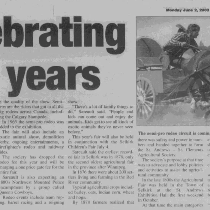 Celebrating 125 Years June 2, 2003, Selkirk Journal Newspaper article titled celebrating 125 years