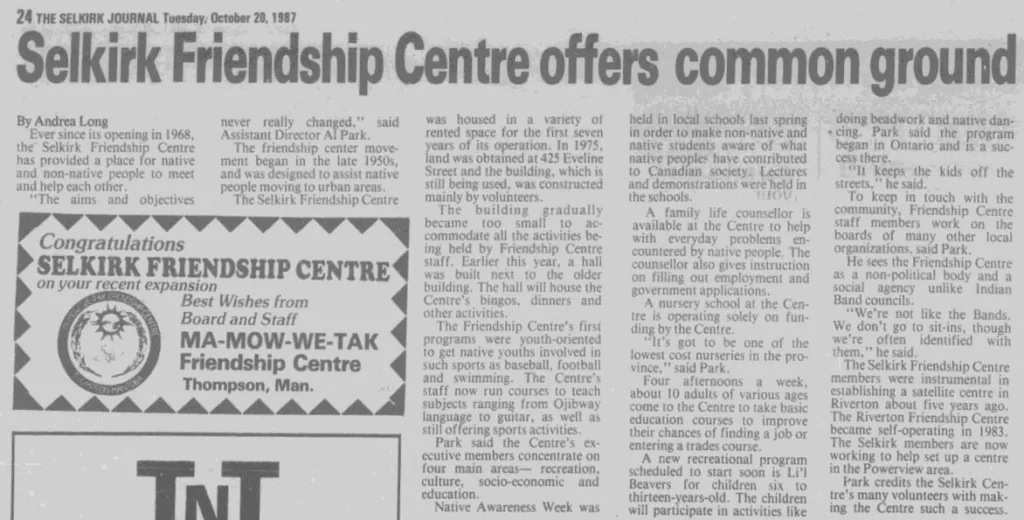 Selkirk Friendship Centre Offers Common Ground, 1987, Selkirk Journal