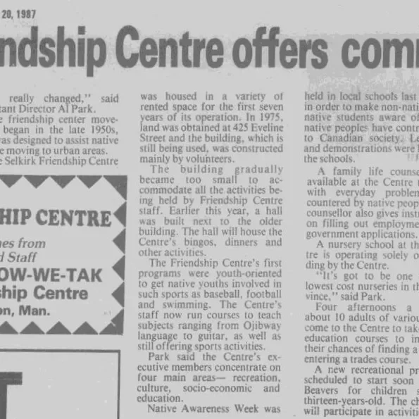 Selkirk Friendship Centre Offers Common Ground, October 20 1987, Selkirk Journal Newspaper article titled Selkirk Friendship Centre offers common ground