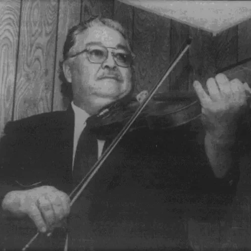 Mel Bedard, 1989, Selkirk Journal Black and white portrait of Mel Bedard playing his fiddle