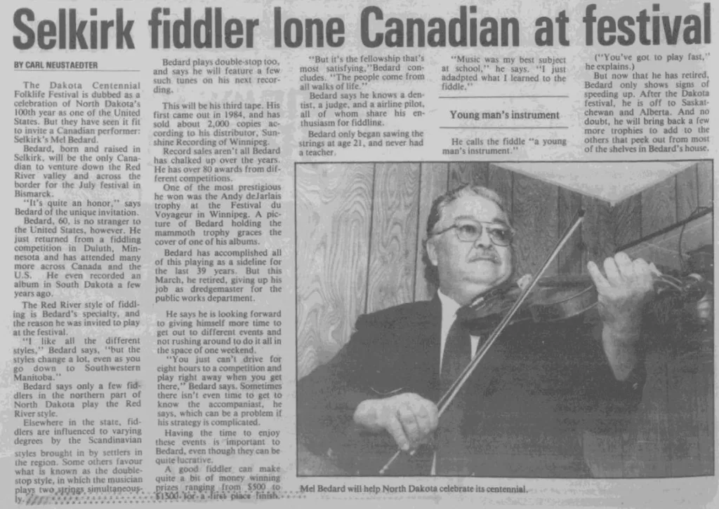 Selkirk Fiddler Lone Canadian at Festival, 1989, Selkirk Journal