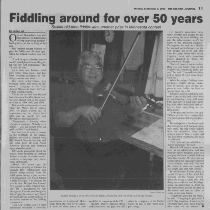 Fiddling around for Over 50 Years, 2002, Selkirk Journal Newspaper article titled Fiddling around for over 50 years