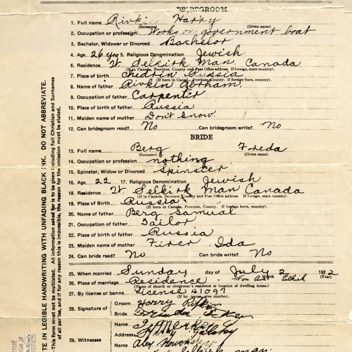 Official marriage certificate of marriage for Freda and Harry Rifkin