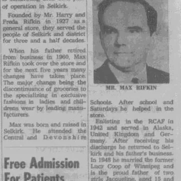 Newspaper article titled Rifkin's celebrate 38 years of business