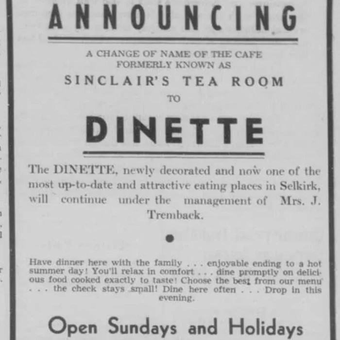 Newspaper article announcing the renaming of the Sinclair tea room to the Dinette