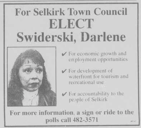 Town council election add for Darlene Swiderski in 1995