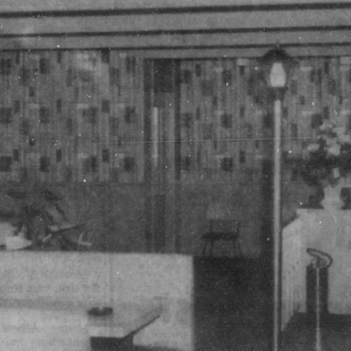 Black and white grainy picture of the seating in the new dinette