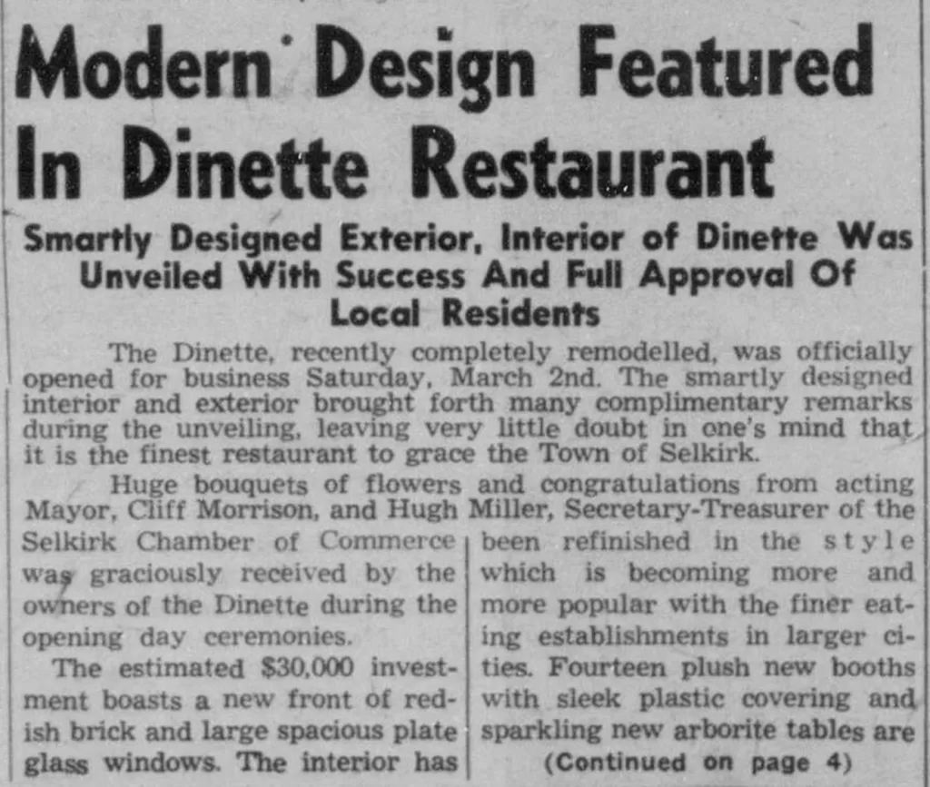 Modern Design Featured in Dinette Restaurant, 1957, Selkirk Enterprise