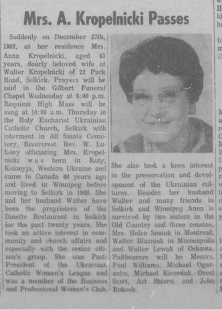 Mrs. A Kropelnicki Passes, 1968, Selkirk Enterprise