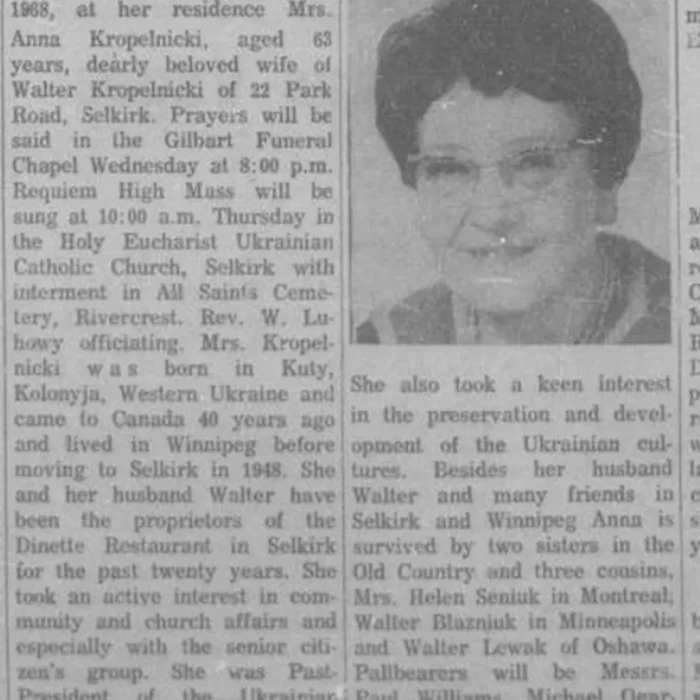 Obituary of Mrs. A. Kropelnicki