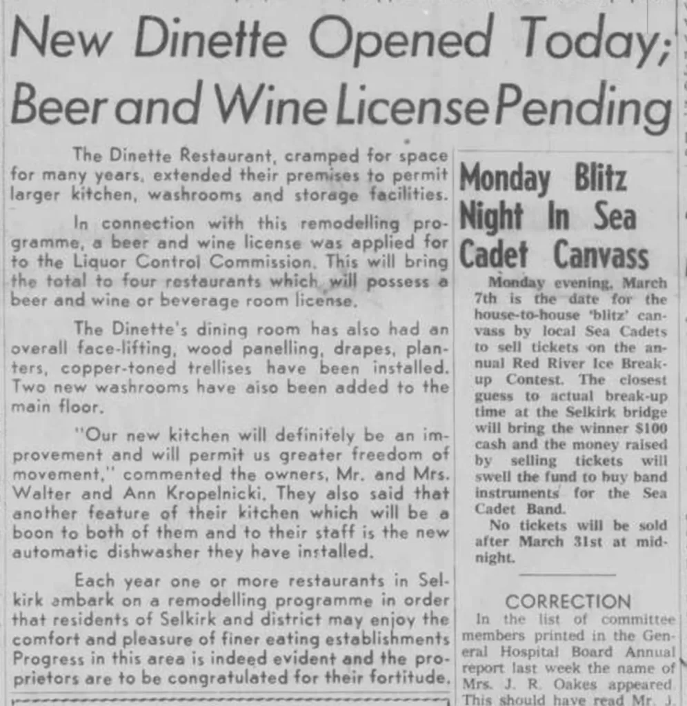 New Dinette Opened Today, 1960, Selkirk Enterprise
