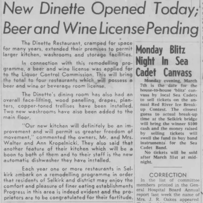 Newspaper article titled New Dinette opened today