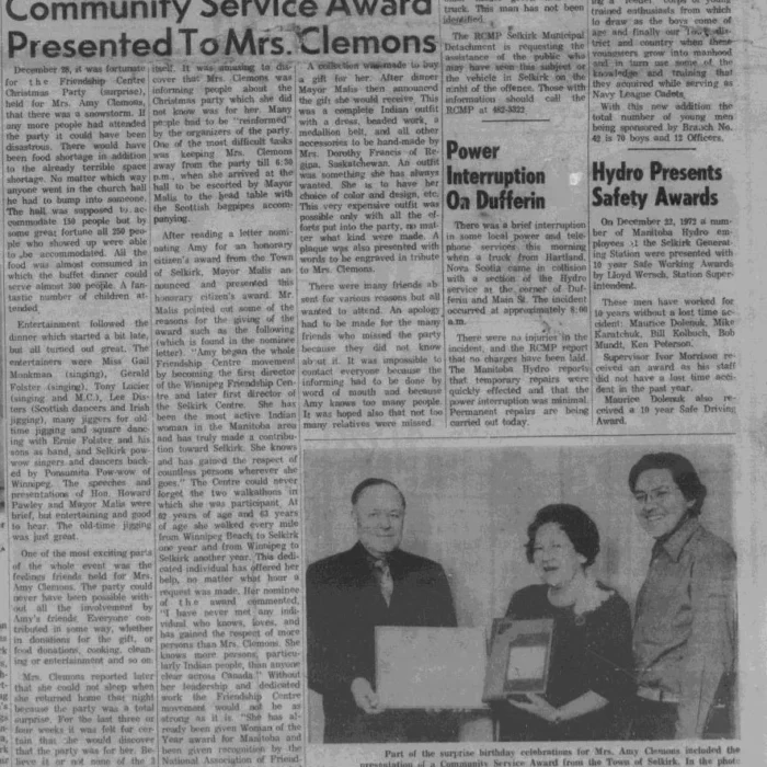 Newspaper article titled Community service award presented to Mrs. Clemons