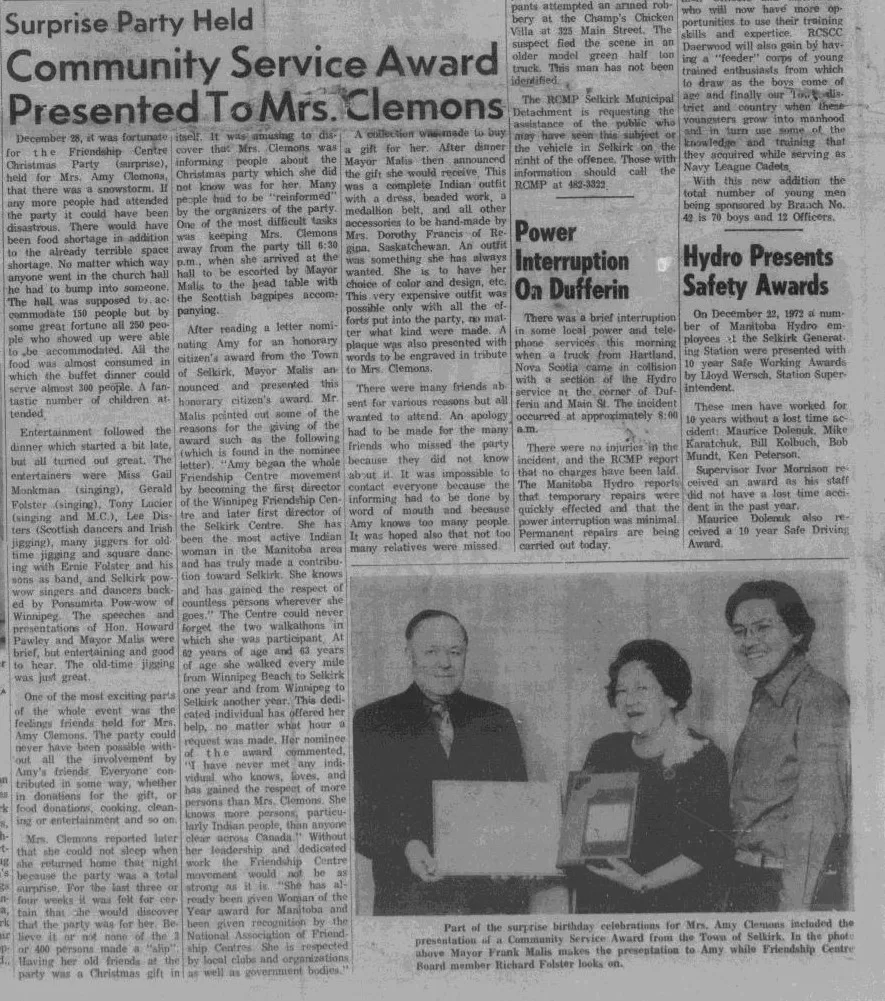Surprise Party Held Community Service Award Presented to Mrs. Clemons, 1973, Selkirk Enterprise