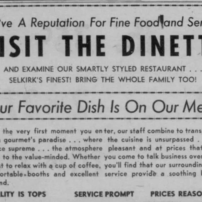 Newspaper add to visit the Dinette in 1957