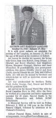 Black and white obituary of Arthur H. Langois
