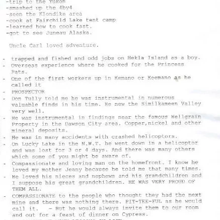 Carl Langlois Eulogy by Ken Hanson p1, 2001, Shirley Deglan Written eulogy of Carl Langois