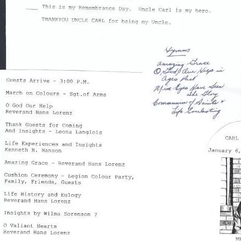 Carl Langlois Eulogy by Ken Hanson p2 and Funeral Information, 2001, Shirley Deglan Eulogy for Carl Langois