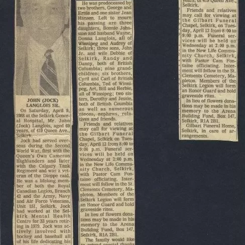 John (Jock) Langlois Obituary, 1988, Shirley Deglan Obituary of John Jock Langois