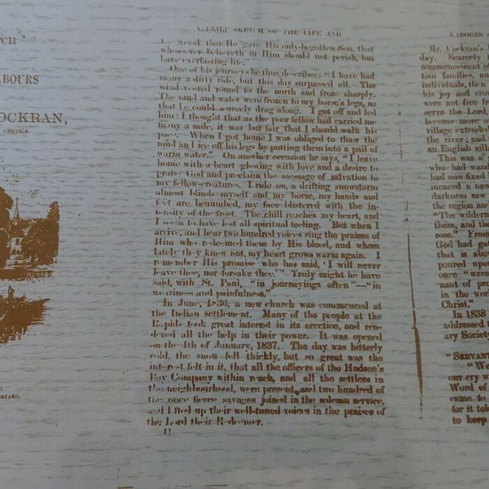A Brief Sketch of the Life and Labours of Archdeacon Cockran Display at St. Peters Dynevor Church, 2022, Selkirk Museum Collection Pamphlet titled the life and labours of Archdeacon Cockran