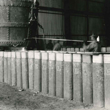 Casting Steel Guiding Liquid Steel into Ingots, Date Unknown, Gerdau Machine guiding liquid steel into ingots