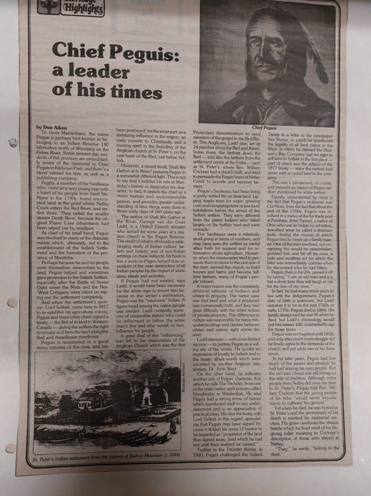 Newspaper article titled Chief Peguis: a leader of his times