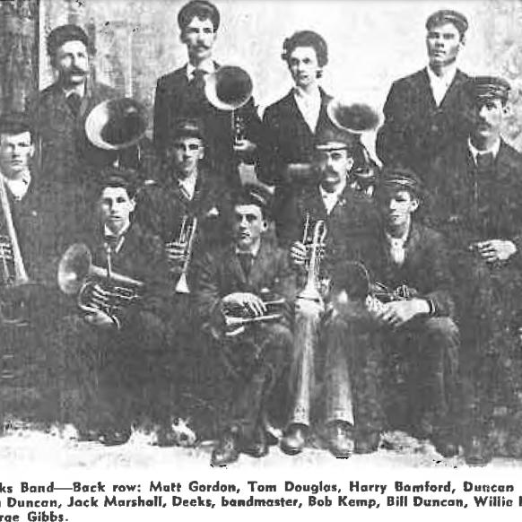 George Gibbs in a Band, Date Unknown, Selkirk's 75th Anniversary, Elsie MacKay ed. Black and white picture of the Deeks band posing for the 75th anniversary
