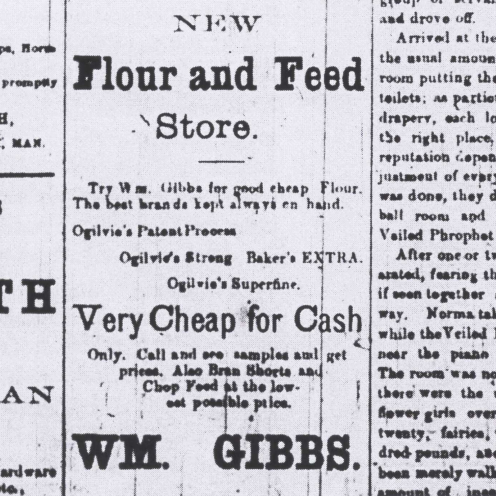Gibbs' Bakery Ad 2, 1884, The Selkirk Herald Newspaper add for Gibbs bakery in Selkirk Herald from 1884