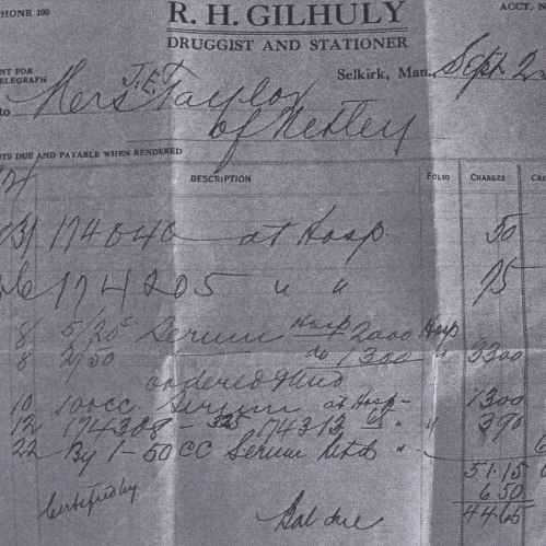 Gilhuly Drug Store Receipt, 1921, Stories of Selkirk's Pioneers and Their Heritage by Kenneth G. Howard Written drugstore receipt from Gilhuly