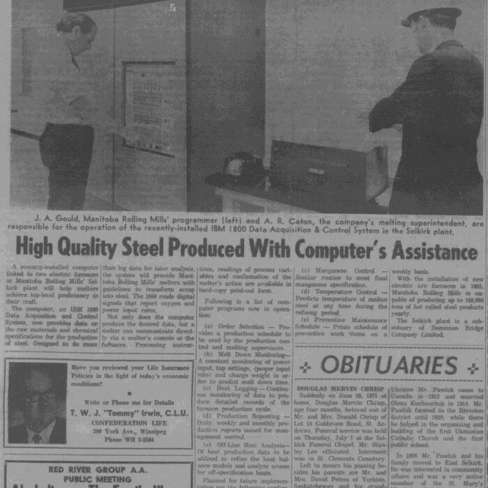 High Quality Steel Produced with Computer's Assistance, 1971, Selkirk Enterprise Article titled "High Quality Steel Produced With Computers Assistance"