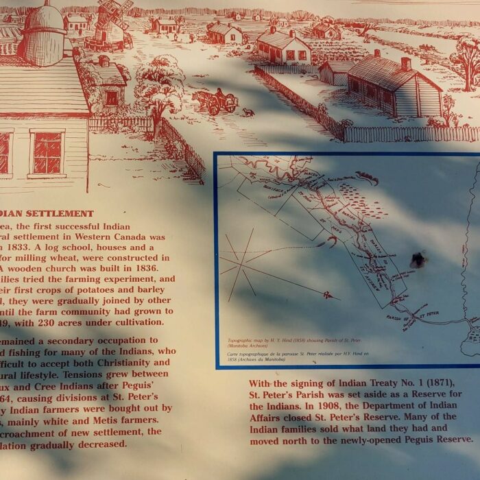 Interpretive Sign at St. Peter's Dynevor Church, 2022, Selkirk Museum Collection Red toned interpretive sign of the indian settlement at the Dynevor church