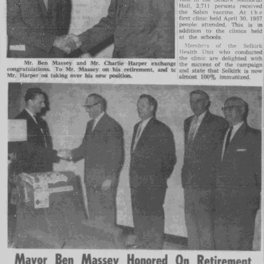 Mayor Ben Massey Honored on Retirement, 1962, Selkirk Enterprise Newspaper article titled mayor Ben Massey honored on retirement