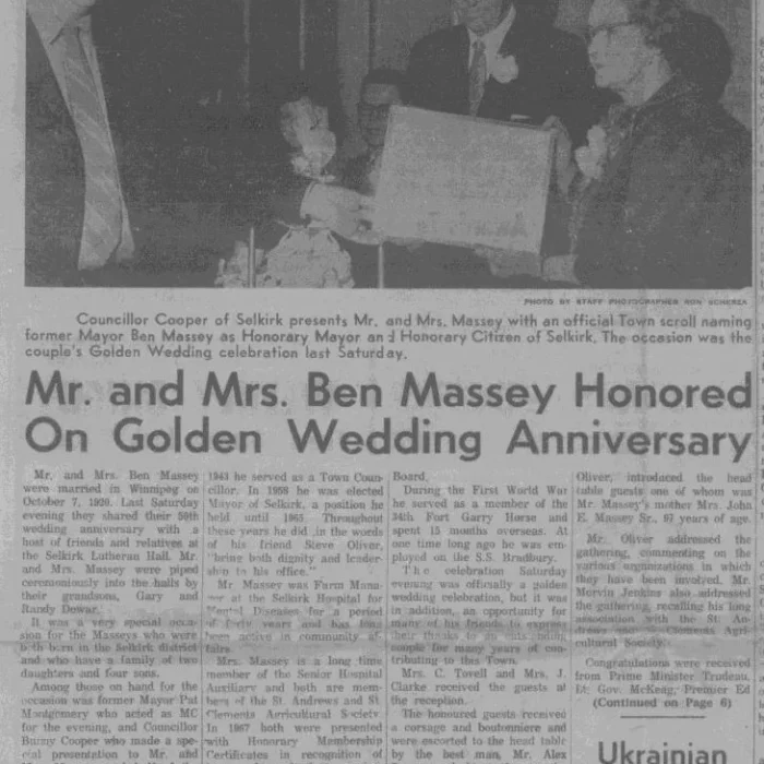 Mr. and Mrs. Ben Massey Honored on Golden Wedding Anniversary, 1970, Selkirk Enterprise Newspaper article titled Mr. and Mrs. Ben Massey honored on golden wedding anniversary