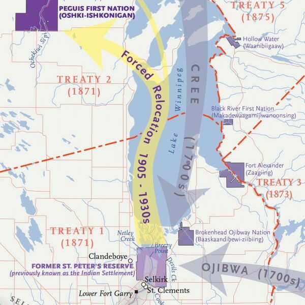 Relocation of the Original Settlement North of Winnipeg, 1905-1930s, Indigenous Peoples Atlas of Canada Large map of the relocation of original settlement and the treaty sections created