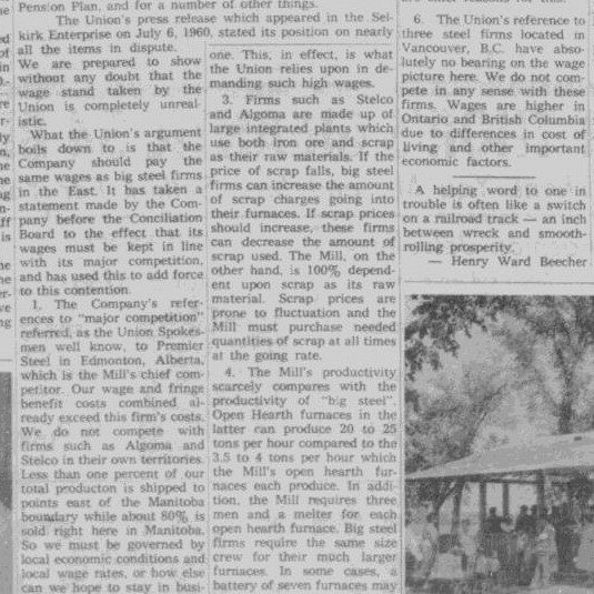 Rolling Mill Management Outlines Wage Arguments, 1960, Selkirk Enterprise Newspaper article titled Rolling mill management outlines wage arguments