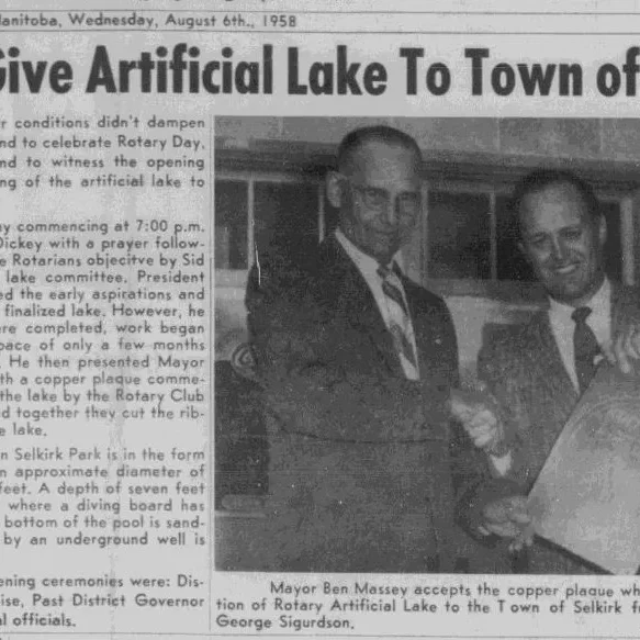 Rotary Give Artificial Lake To Town of Selkirk, 1958, Selkirk Enterprise newspaper article titled rotary give artificial lake to town of Selkirk