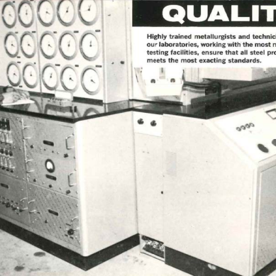Spectrometry Equipment Testing Steel Quality, c1966, Gerdau Advertisement of quality from Gerdau in black and white