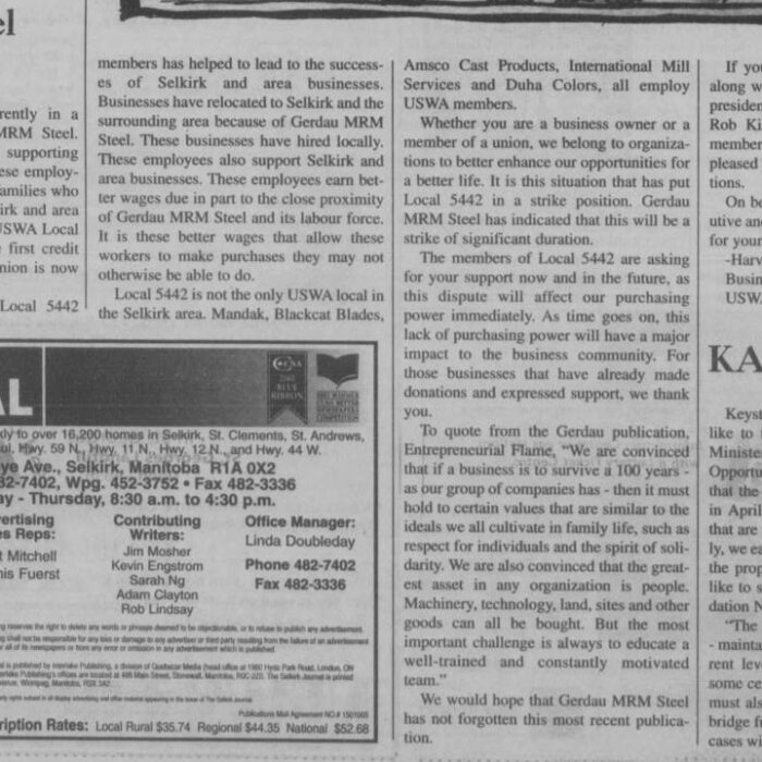 Support Steel Workers, 2002, Selkirk Journal Newspaper article in the Selkirk Journal advertising for support steel workers