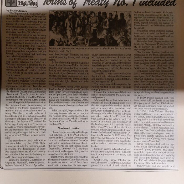 Terms of Treaty No 1 Included Surrender of 43250 sq km of Land, 1999, Winnipeg Real Estate News p1 Newspaper article titled terms of treaty number one included land surrender