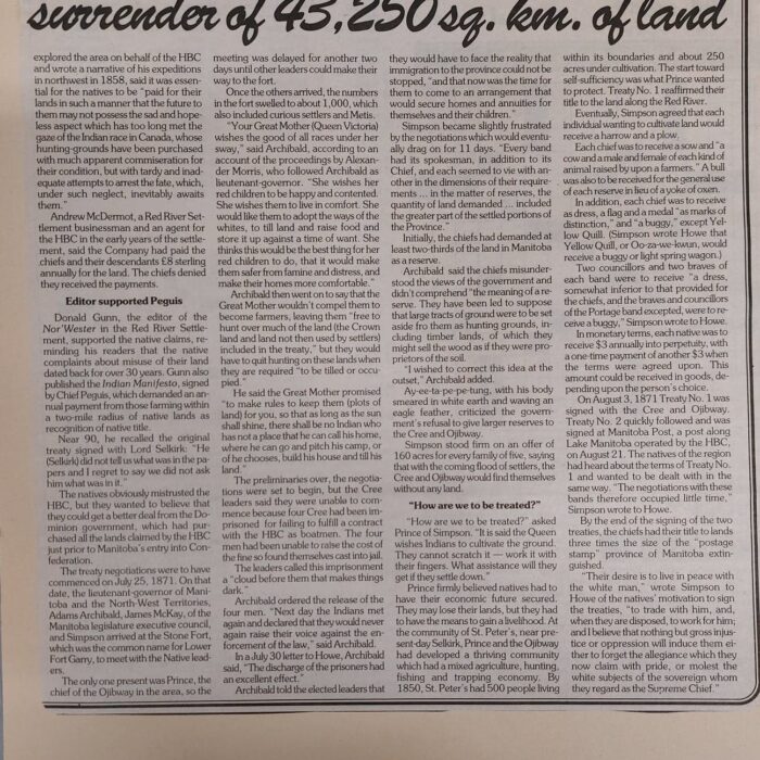 Terms of Treaty No 1 Included Surrender of 43250 sq km of Land, 1999, Winnipeg Real Estate News p2 Newspaper article about the surrender of 43250 square feet of land