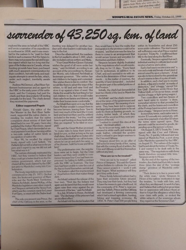 Terms of Treaty No 1 Included Surrender of 43250 sq km of Land, 1999, Winnipeg Real Estate News p2