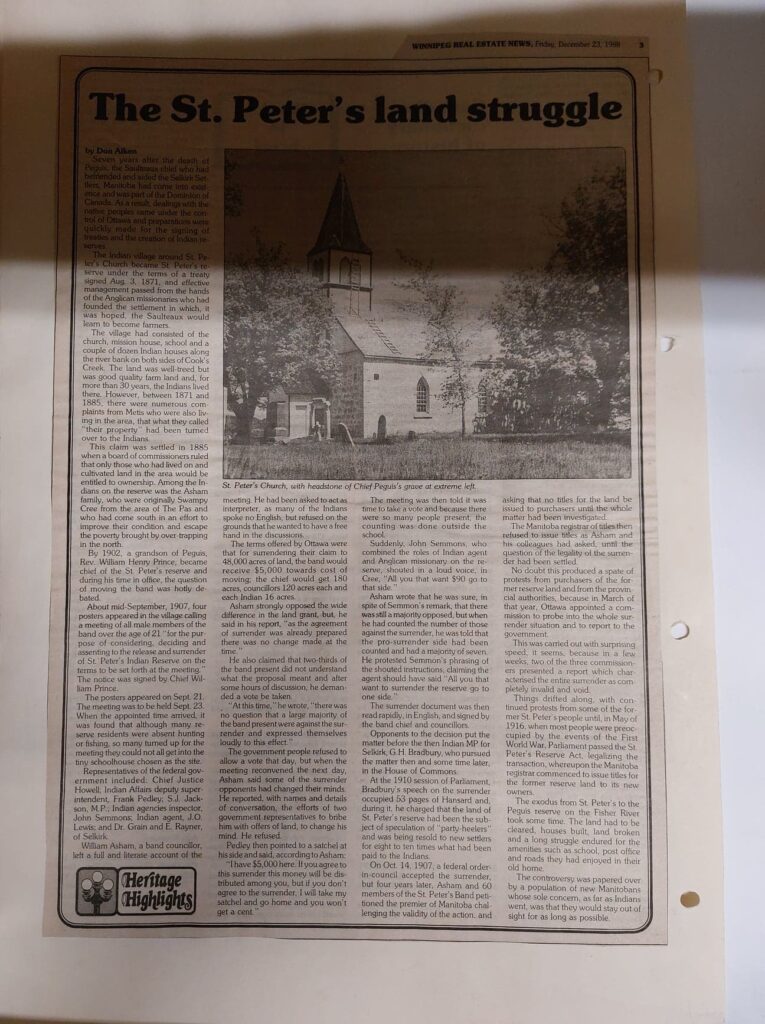 Newspaper article titled the St. Peter's land struggle