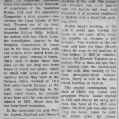 Three Generations of Lang Family Now Employed at Local Rolling Mills, 1956, Selkirk Enterprise Newspaper article titled three generations of Lang family now employed at local rolling mills