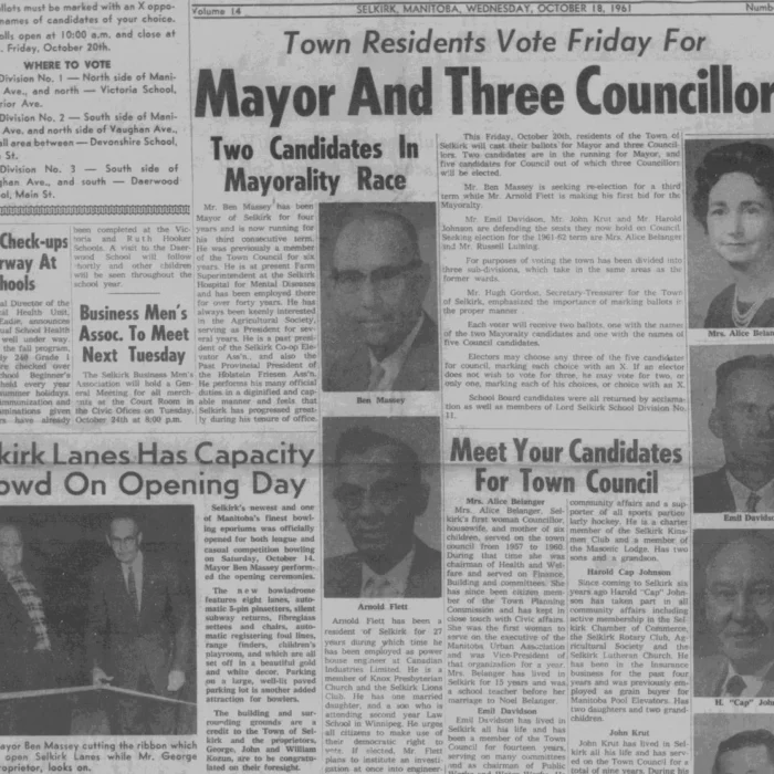 Town Residents Vote Friday for Mayor and Three Councillors, 1961, Selkirk Enterprise Newspaper article announcing the upcoming vote for mayor and councilors