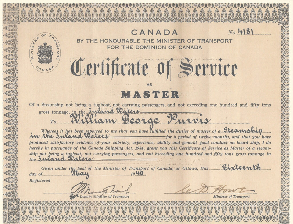 Certificate of Service William George Purvis, 1940, Fraser Stewart, Source Unknown, could be Archives of Manitoba