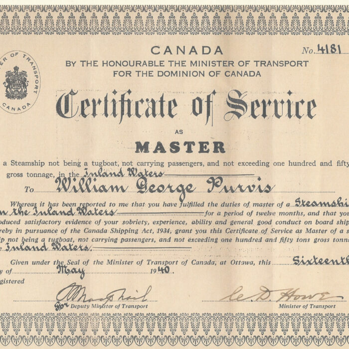 Certificate of Service William George Purvis, 1940, Fraser Stewart Printed certificate of service dedicated to William Purvis